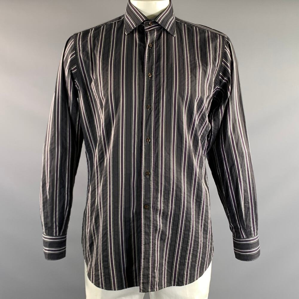 ETRO Size 42 Grey Purple Stripe Button Up Long Sleeve Shirt